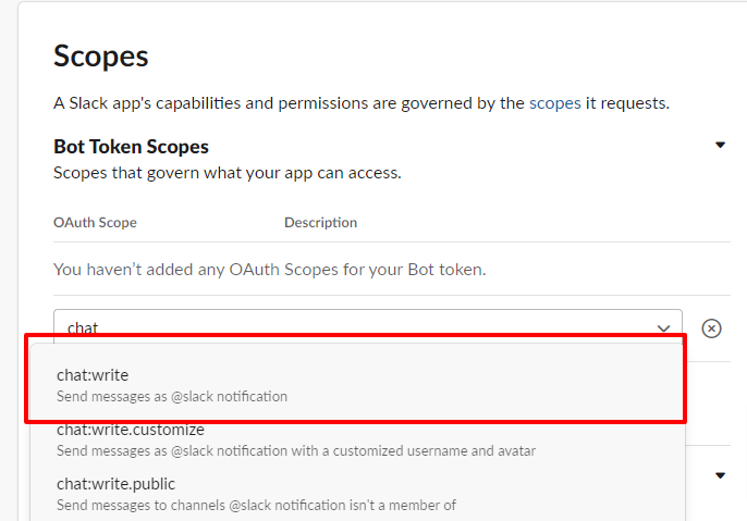 slack botのchat:writeの選択