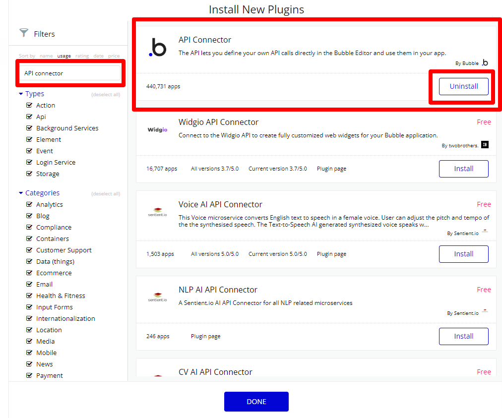 PluginsタブからAPI connetorをインストール