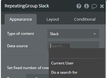 repeating groupのdata sourceに do a search forで作成したslackというテーブルでセット