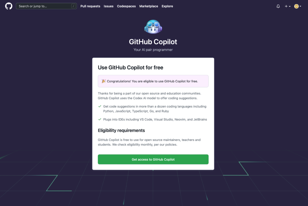 GitHub copilotの公式ページのスクリーンショット