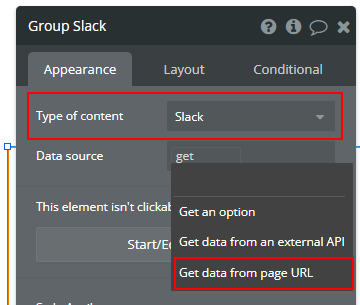 Type of contentをSlack、Dat sourceをGet dat from page URLに設定
