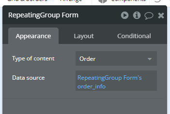 Data sourceをRepeatingGroup Form's order_infoに設定