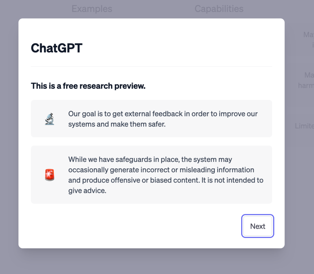 ChatGPT開始前の確認事項のスクリーンショット１