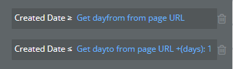 Created Date >= Get dayfrom page URLとCreated Date<= Get dayto from page URL +(days): 1を設定