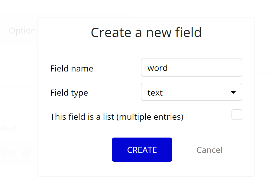 新しい field wordを作成する画面