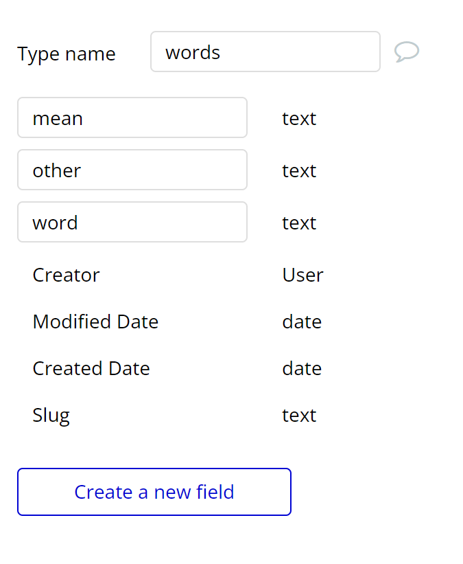 作成したwords typeにmean, other, wordのfieldを作成した後の画面