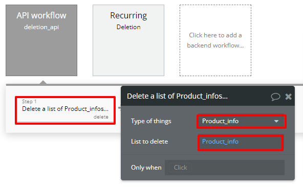 Delete a list of Product_infoでType of things：Product_info、List to delete：Product_infoとする